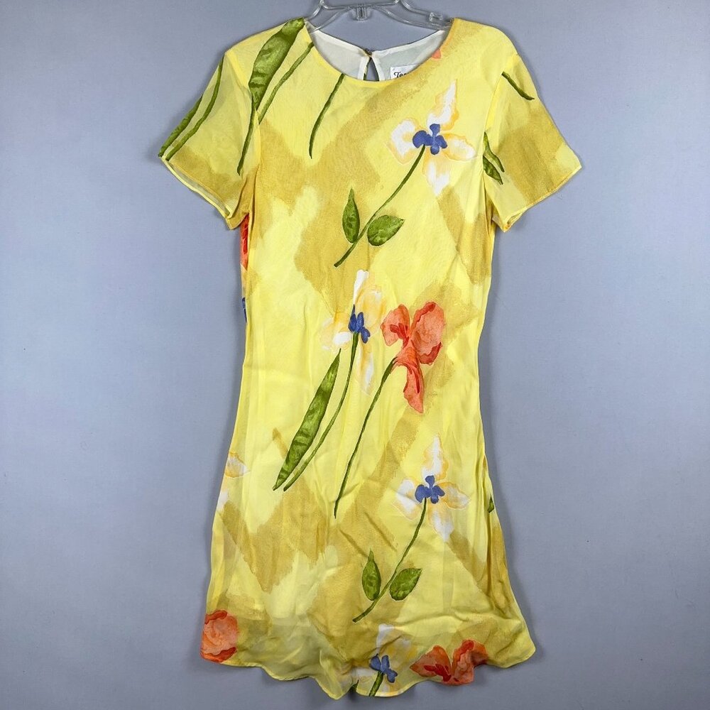 Tessuto Floral Shift Dress Women Size L Knitted Cap Sleeves Back Key Hole Yellow